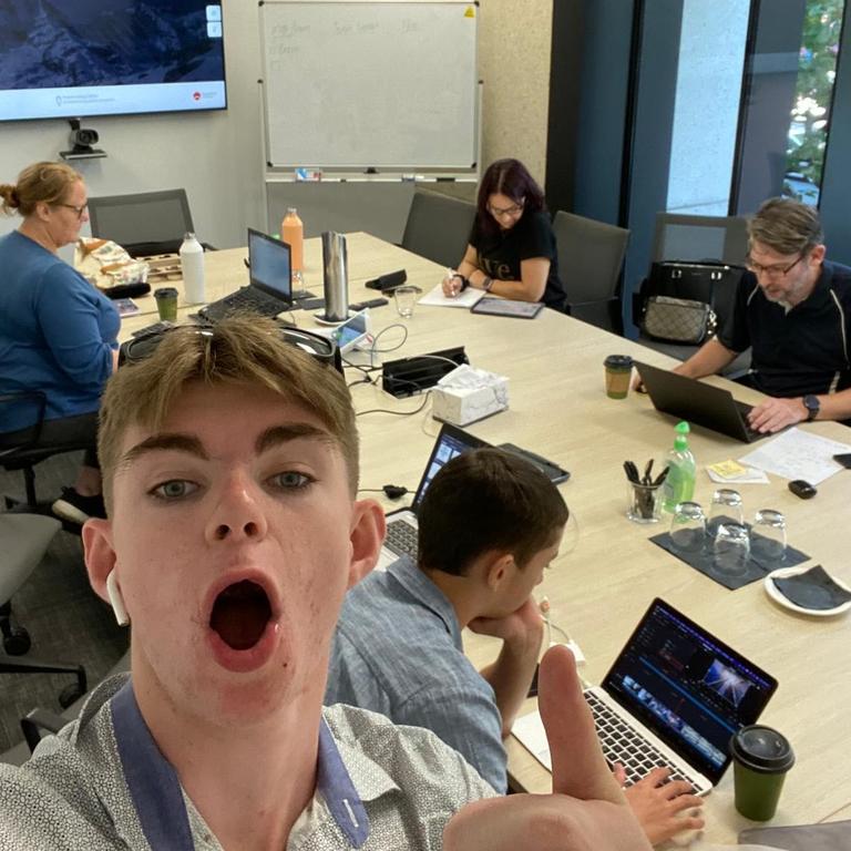 School based apprenticeship student Braith Mansfield (foreground) having fun during a business meeting for Elm Professional Services. Picture: supplied