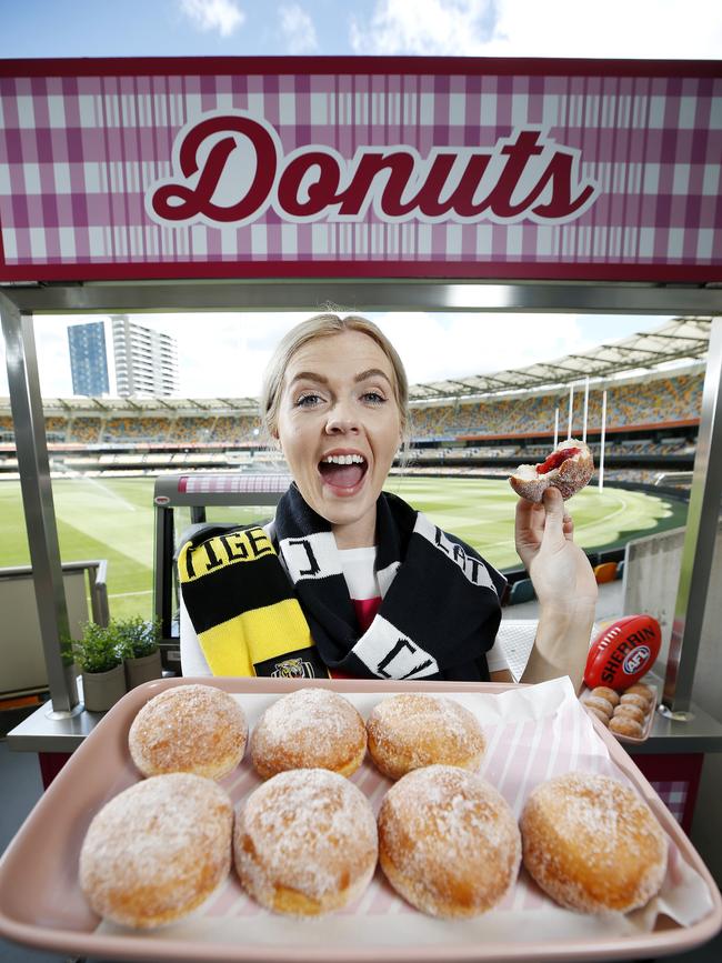 Deanne Baker from O’Brien Group with pop up Hot Jam Donuts at The Gabba, Brisbane. Picture: Josh Woning