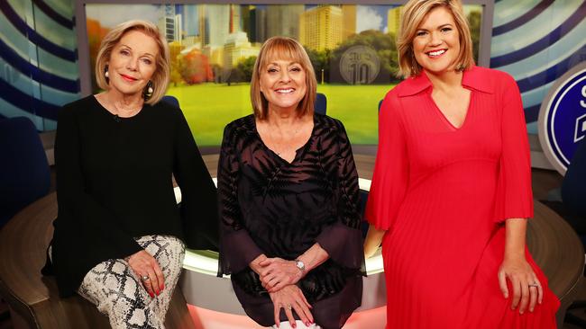 L to R. Ita Buttrose, Denise Drysdale and Sarah Harris on the set of Network Ten's morning program, Studio Ten in 2017. John Feder/The Australian.