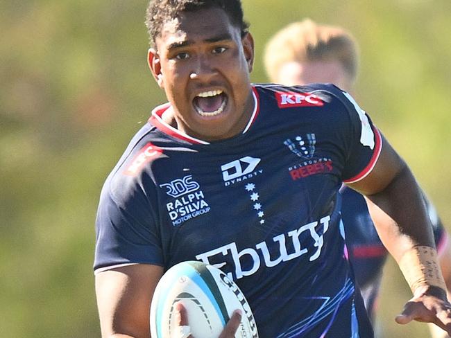 MELBOURNE, AUSTRALIA - FEBRUARY 03: Angelo Smith of the Rebels runs with the ball during the Super Rugby Pacific Trial Match between Melbourne Rebels and NSW Waratahs at Harold Caterson Reserve on February 03, 2024 in Melbourne, Australia. (Photo by Morgan Hancock/Getty Images)