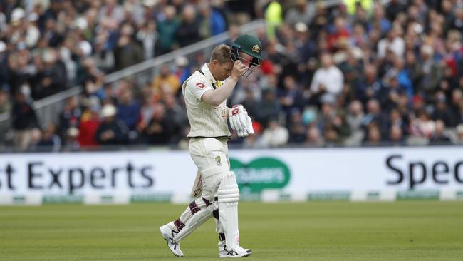 David Warner trudges off after another Ashes failure. Picture: AP