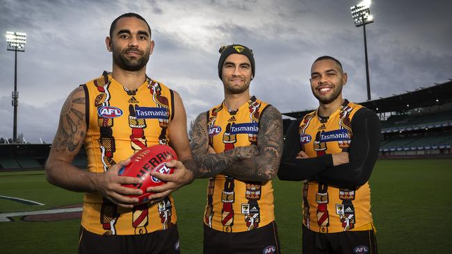 Former Port Adelaide players, now at Hawthorn, Shaun Burgoyne, Chad Wingard and Jarman Impey at UTAS Stadium. Picture: Chris Kidd