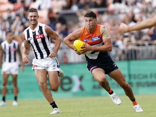 The 21-year-old’s ability to burst past players was a highlight against the Pies. Picture: Phil Hillyard