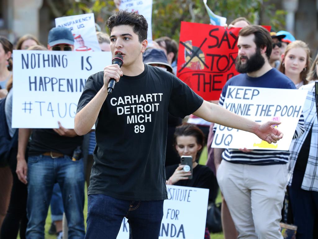 Drew Pavlou leading his second protest at The University of Queensland. Picture: Liam Kidston