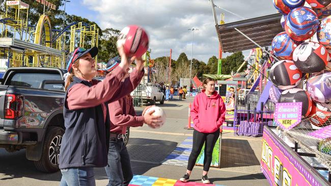 Loxton High School year 10 students Hunter Walmesley-Cotham and Javen Gum testing the Nothing but Net sideshow at the Royal Show. Picture: Brenton Edwards