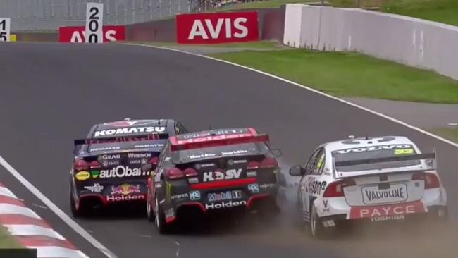 Red Bull Racing Australia's Jamie Whincup, Holden Racing Team's Garth Tander and Garry Rogers Motorsport Volvo driver Scott McLaughlin involved in a crash on lap 151.