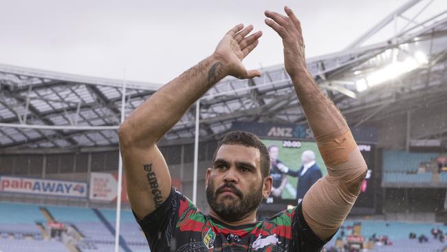 Greg Inglis celebrates South Sydney’s win over St George-Illawarra Dragons at ANZ Stadium.