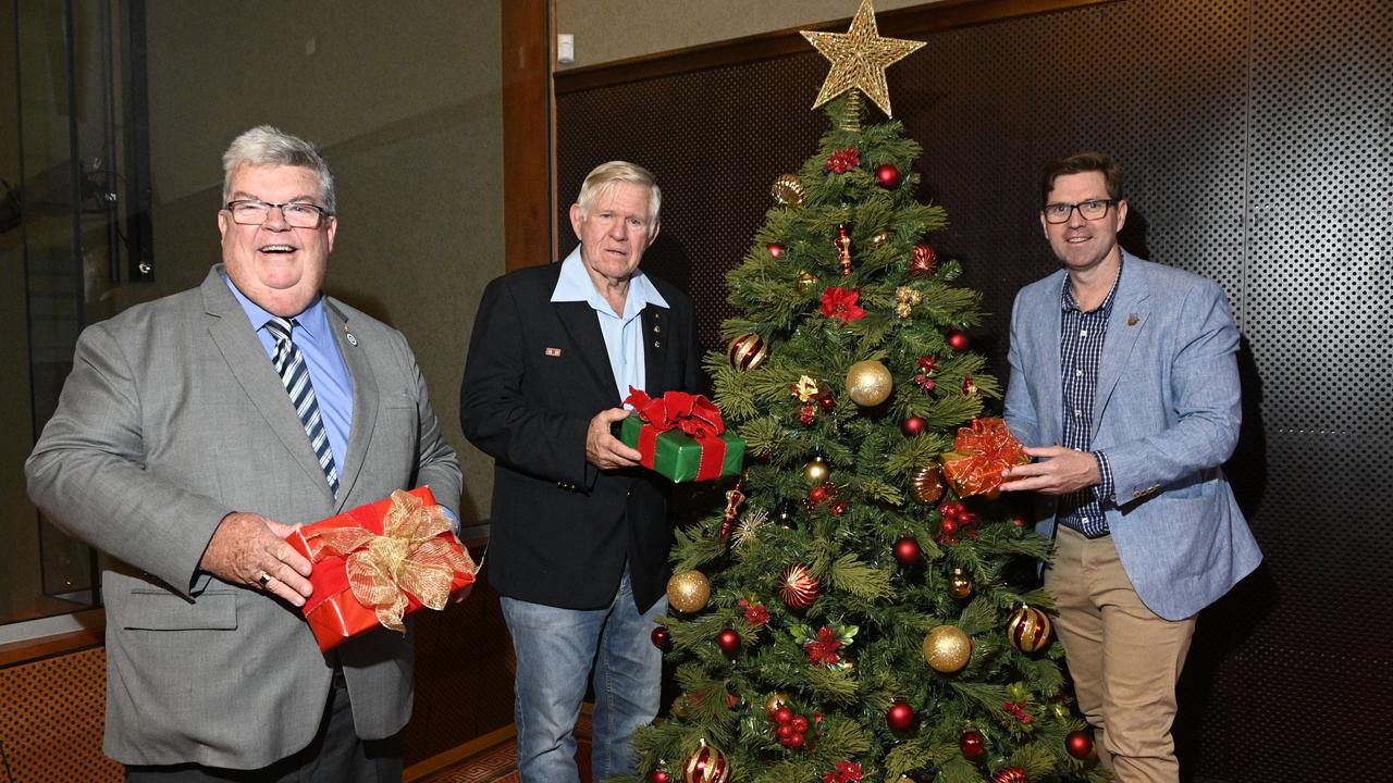 Announcement of a re-imagined Christmas event in place of the Toowoomba Christmas Wonderland event organised by Lions Club of Toowoomba West Inc. which has been cancelled due to Covid-19 restrictions. From left; Derek Tuffield Lifeline CEO, Marshall Cox from the Lions Club Toowoomba West (left) and TRC deputy mayor Geoff McDonald.