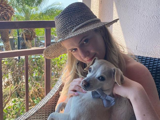 Harriet Dyer with their dog in Los Angeles.