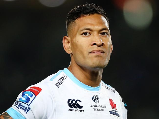 AUCKLAND, NEW ZEALAND - APRIL 06: Israel Folau of the Waratahs looks on during the round 8 Super Rugby match between the Blues and Waratahs at Eden Park on April 06, 2019 in Auckland, New Zealand. (Photo by Anthony Au-Yeung/Getty Images)