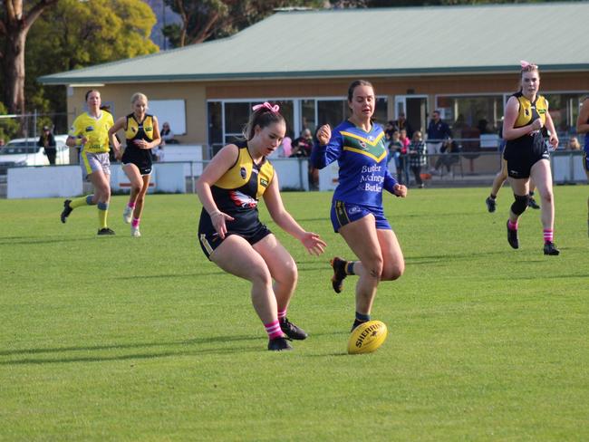 SFLW Community League - Action from Sorell v St Virgils during the annual Pink Sock-Carolyn Birch Memorial Match. Picture: Jake Garland