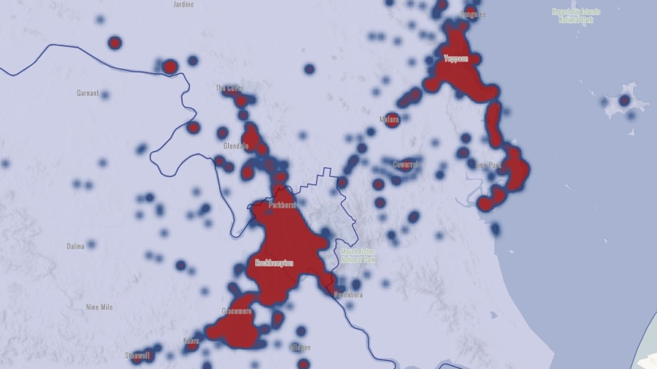 Heat map showing offences recorded in the Rockhampton and Livingstone local government areas in the past year. Picture: QPS