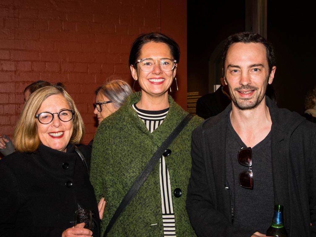 Opening of the TMAG Dark Mofo major exhibition Tense Past by Julie Gough. Carol, left, Emma and Jack Bett, all of Hobart. Picture: Alastair Bett Photography