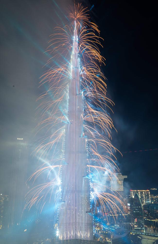 New Year's Eve fireworks light the landmark Burj Khalifa tower at midnight in the Gulf emirate of Dubai. Picture: AFP