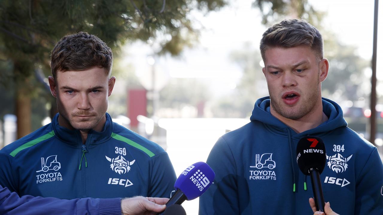 Canberra Raiders players Hudson Young and Morgan Smithies front the media regarding an incident at their Hilton Hotel in Las Vegas on Thursday night. Picture: Jonathan Ng