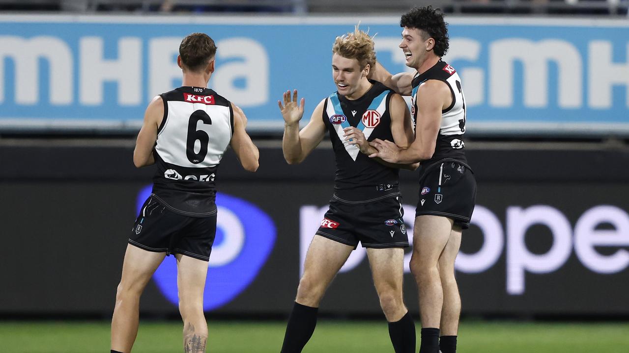 GEELONG, AUSTRALIA – MAY 10: Jason Horne-Francis of the Power celebrates a goal during the round nine AFL match between Geelong Cats and Port Adelaide Power at GMHBA Stadium, on May 10, 2024, in Geelong, Australia. (Photo by Darrian Traynor/Getty Images)