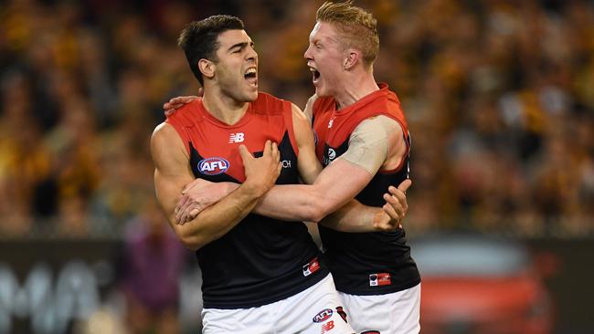 Christian Petracca and Clayton Oliver celebrate a goal for the Demons. Picture: AAP Images