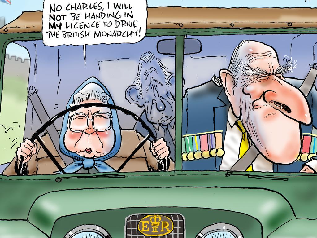 News Limited cartoonist Mark Knight’s take on Prince Philip handing back his drivers licence. Picture: News Limited