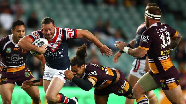 Boyd Cordner on the charge for the Roosters against the Broncos at Allianz Stadium.