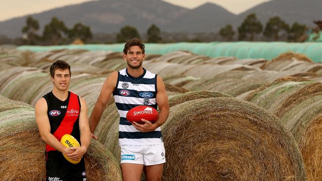 Making hay: Essendon’s Zach Merrett and Geelong’s Tom Hawkins are ambassadors for the AFL Country Game. Picture: Andy Rogers