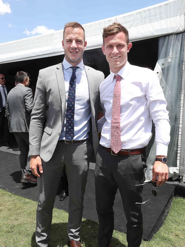 Lions Players Jash Walker and Darcy Gardiner at the Races Melbourne cup day . Pic Annette Dew