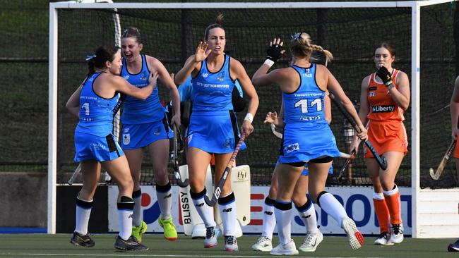 Territory Stingers women scoring a goal against Brisbane in the Festival of Hockey 2024. Picture: Hockey NT.