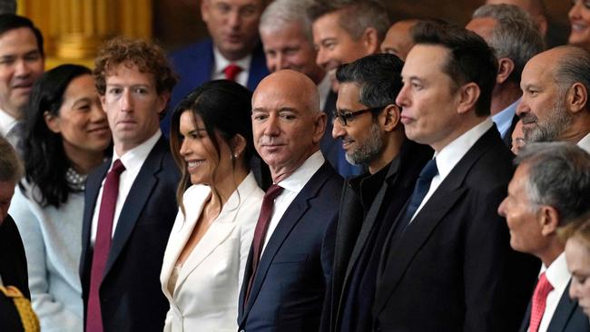 (From left) Meta CEO Mark Zuckerberg, Lauren Sanchez, US businessman Jeff Bezos, CEO of Alphabet Inc and Google Sundar Pichai and Teska and SpaceX CEO Elon Musk attend Donald Trump’s inauguration ceremony. Picture: Julia Demaree Nikhinson/Pool/AFP