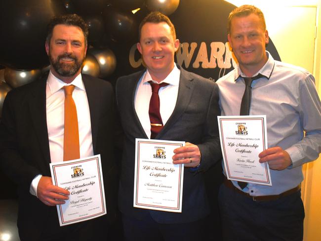 Boyd Hegarty, Matt Cameron and Kevin Hood having a great night at the Cowwarr Saints Football &amp; Netball Club Golden Gala Ball 2024. Picture: Jack Colantuono