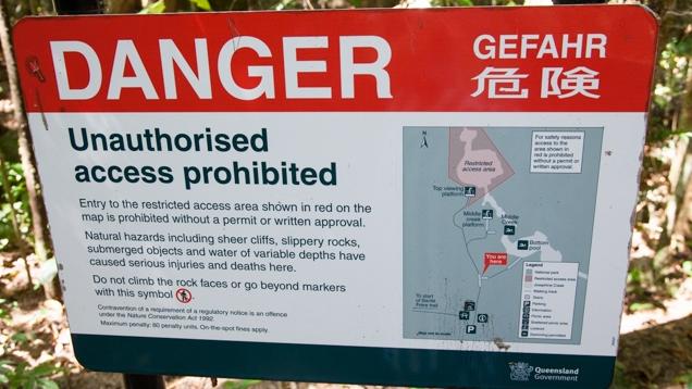 Josephine Falls has warning signs advising access to the top pool is prohibited. Picture: Supplied.