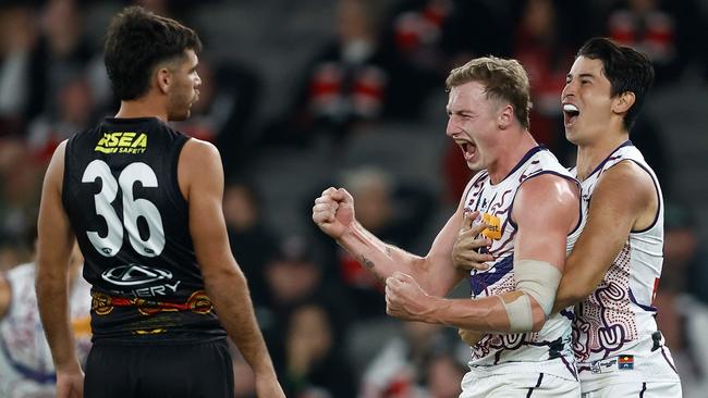 MELBOURNE, AUSTRALIA - MAY 18: Josh Treacy (left) and Bailey Banfield of the Dockers celebrate during the 2024 AFL Round 10 match between Euro-Yroke (St Kilda) and Walyalup (Fremantle) at Marvel Stadium on May 18, 2024 in Melbourne, Australia. (Photo by Michael Willson/AFL Photos via Getty Images)