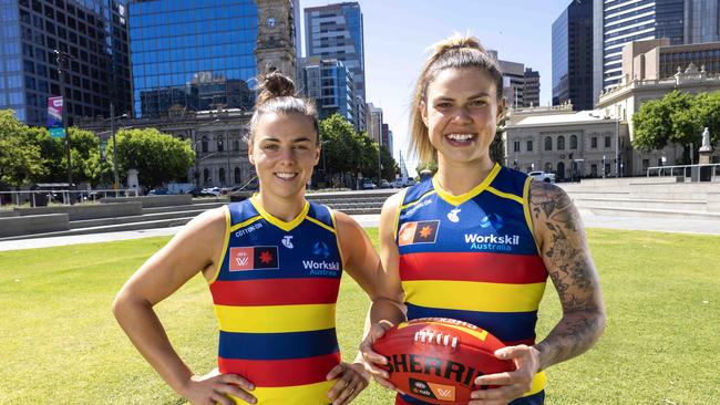 Crows AFLW players Ebony Marinoff and Anne Hatchard in Victoria Square ahead of AFL finals Picture by Kelly Barnes