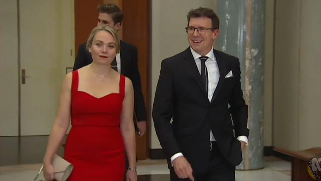 MP Alan Tudge arrives at the 2017 Mid-Winter Ball in the company of Liberal staffer Rachelle Miller.