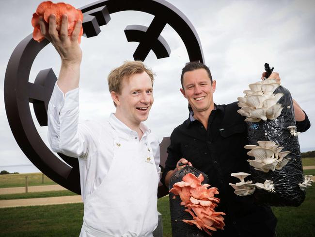 Pt Leo Estate head chef Phil Wood and his mushroom man Ryan Sharpley. Picture: Nicole Cleary