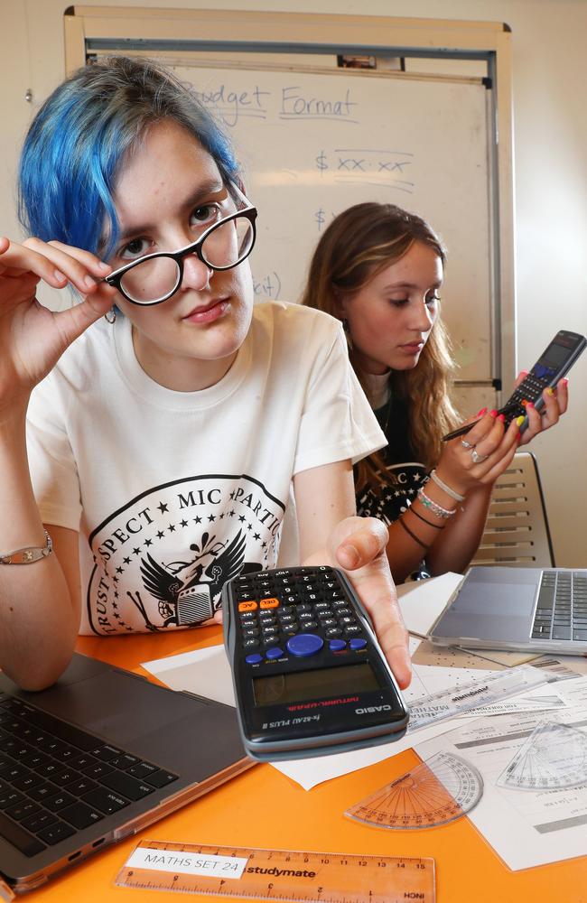 Phoenix Chatburn, 18, and Eliza Simmons, 17, are Year 11 math students at the Music Industry College. Picture: Liam Kidston.