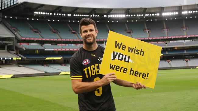 Richmond captain Trent Cotchin sends a message to fans from an empty MCG before Round 1. Picture: Michael Klein.