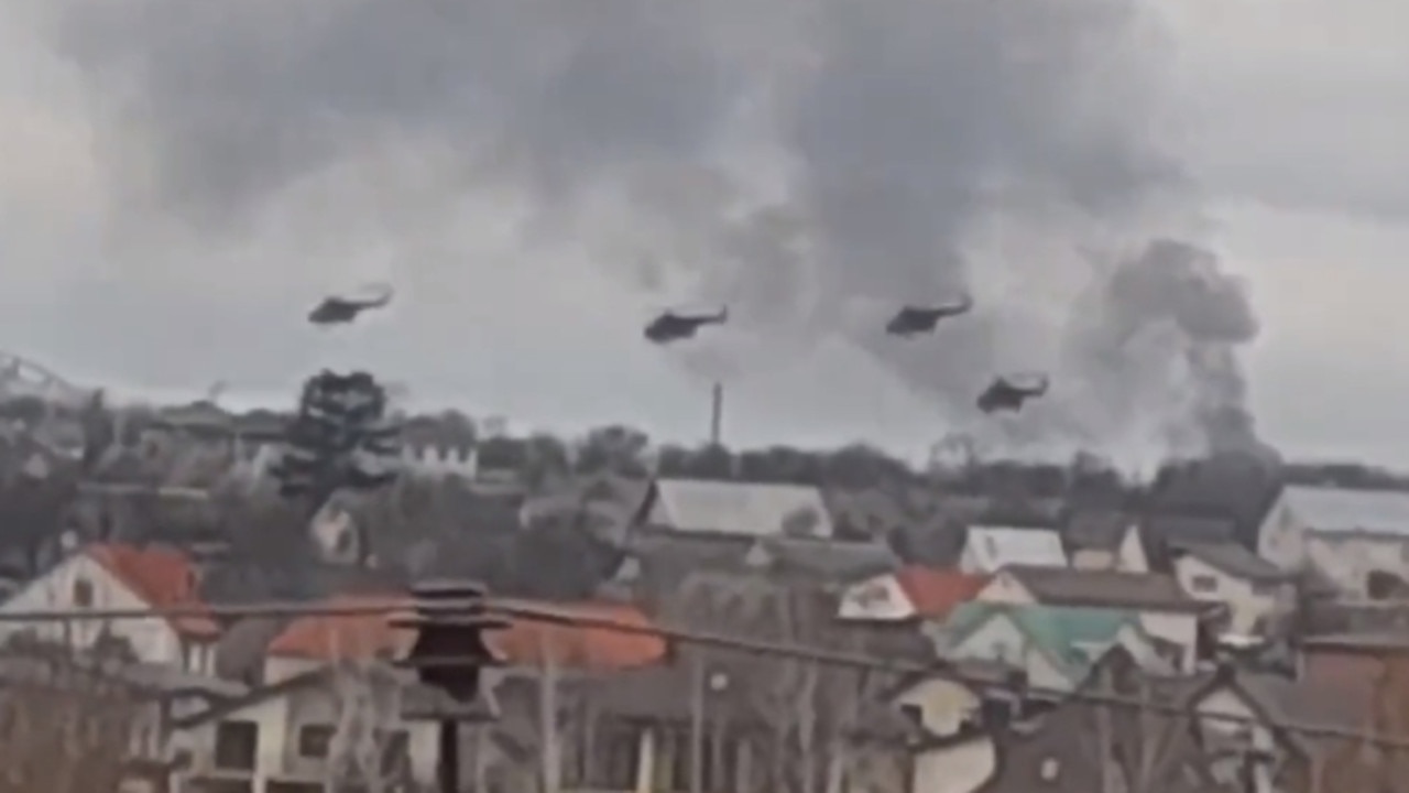 Russian helicopters in attack formation attacking Gostomel Airport, northwest of Ukraine’s capital. Picture: Supplied