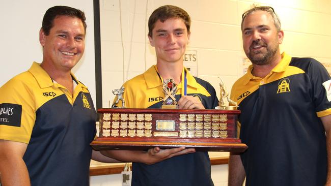 Junior Cricketer of the Year Winner Cooper Keogh congratulated by Todd Keogh and Alastair Lewis. Picture: Supplied