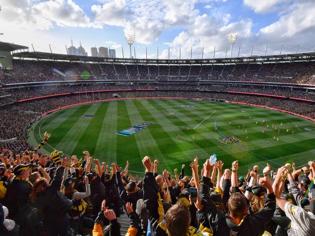 Kane Lambert salutes the crowd. . The 2017 AFL Grand Final between the Adelaide Crows and Richmond Tigers at the Melbourne Cricket Ground MCG. Fans stream into MCG. Picture: Jason Edwards