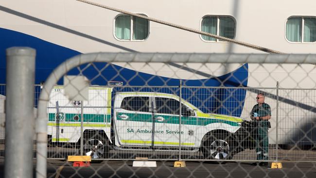 An ambulance waits at the dock on Monday morning. Picture: Dean Martin