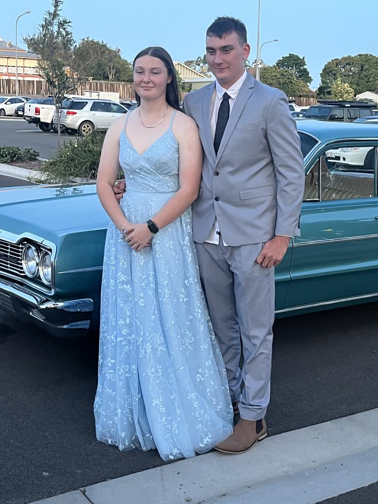 Jessica McCabe and Jessie Woodland arrive at the Aldridge State High School formal.