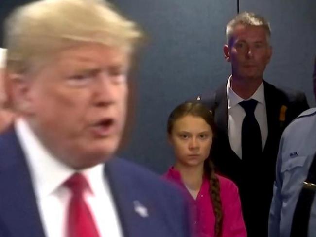 Greta Thunberg stares down US President Donald Trump as he enters the United Nations last September.