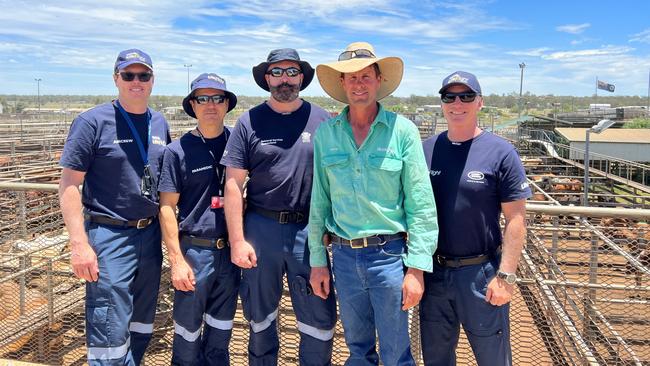 Roma farmer Chris Skelton when he reunited with the LifeFlight crew who saved his wife Heidi Ross – (from left) LifeFlight pilot Russell Procter, Flight paramedic Brad Solomon, Critical Care Doctor Gareth Richards, Roma farmer Chris Skelton, and LifeFlight pilot David Rockwell. Picture: LifeFlight