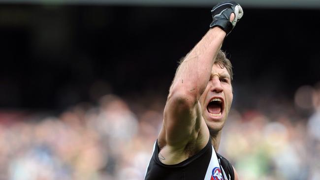 Travis Cloke pumps his fist after one of his 441 goals for Collingwood