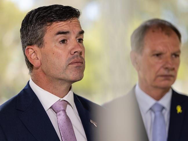 Opposition Leader Brad Battin, pictured with opposition police spokesman David Southwick, lashed the Premier and Police Minister’s failure to address the no-confidence vote. Picture: Diego Fedele