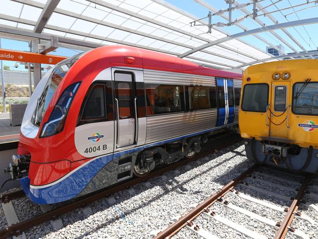 23.2.2014. Electric Train services started running from Seaford station for the first time yesterday.The new electric train next to the old diesel train.  pic tait schmaal.