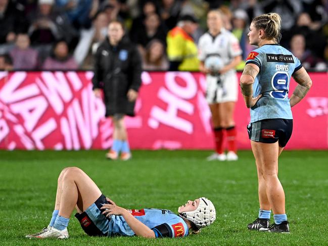 Hannah Southwell and Keeley Davis react to the loss to Queensland. Picture: Getty Images