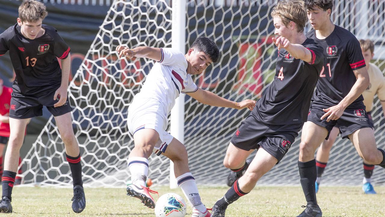 GPS First XI Football. St Joseph's Gregory Terrace vs The Southport School. TSS #8 Harry King and GT #4 Archie Hanson. 5 September, 2020. Picture: Renae Droop