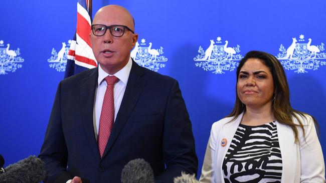 Opposition Leader Peter Dutton and Shadow Minister for Indigenous Australians Senator Jacinta Price address the media in Brisbane.