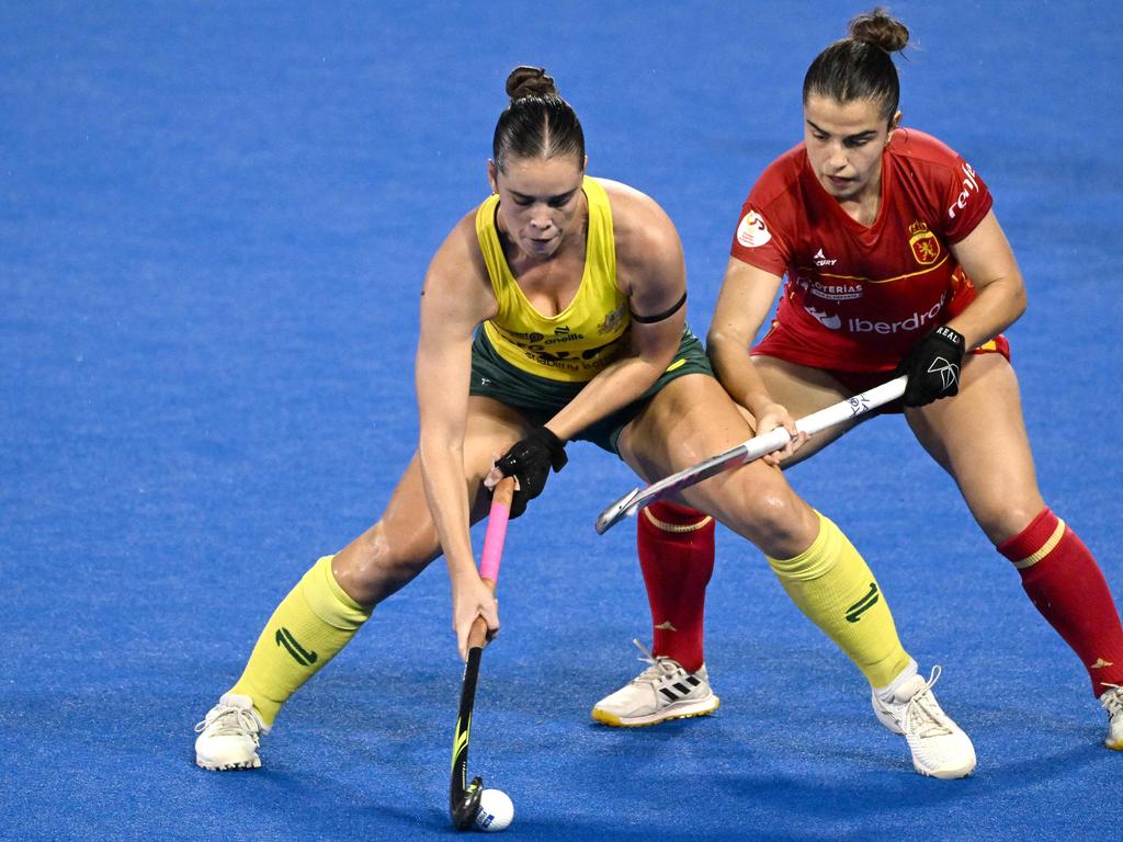 Australia’s Grace Stewart and Spain’s Jone Alba compete for the ball.