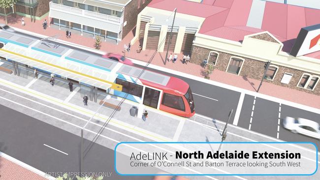 Artist impressions of the tram going down O'Connell Street in North Adelaide.